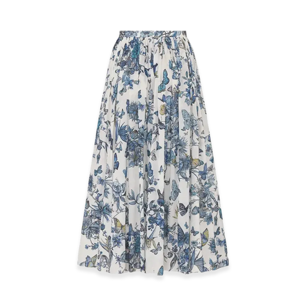 Dior Women's Flared Mid-Length Skirt Voile Toile Mexico Motif "White/Pastel Midnight Blue"