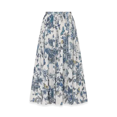 Dior Women's Flared Mid-Length Skirt Voile Toile Mexico Motif "White/Pastel Midnight Blue"