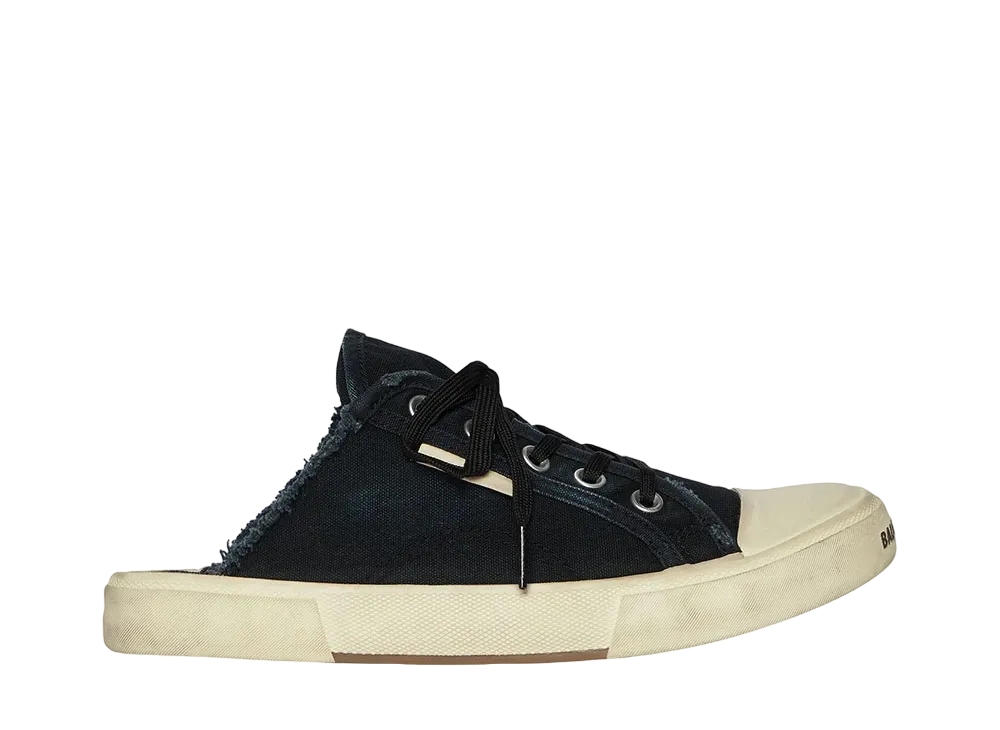 BALENCIAGA Women's Paris Mule in Destroyed Cotton and Rubber "Black/White"