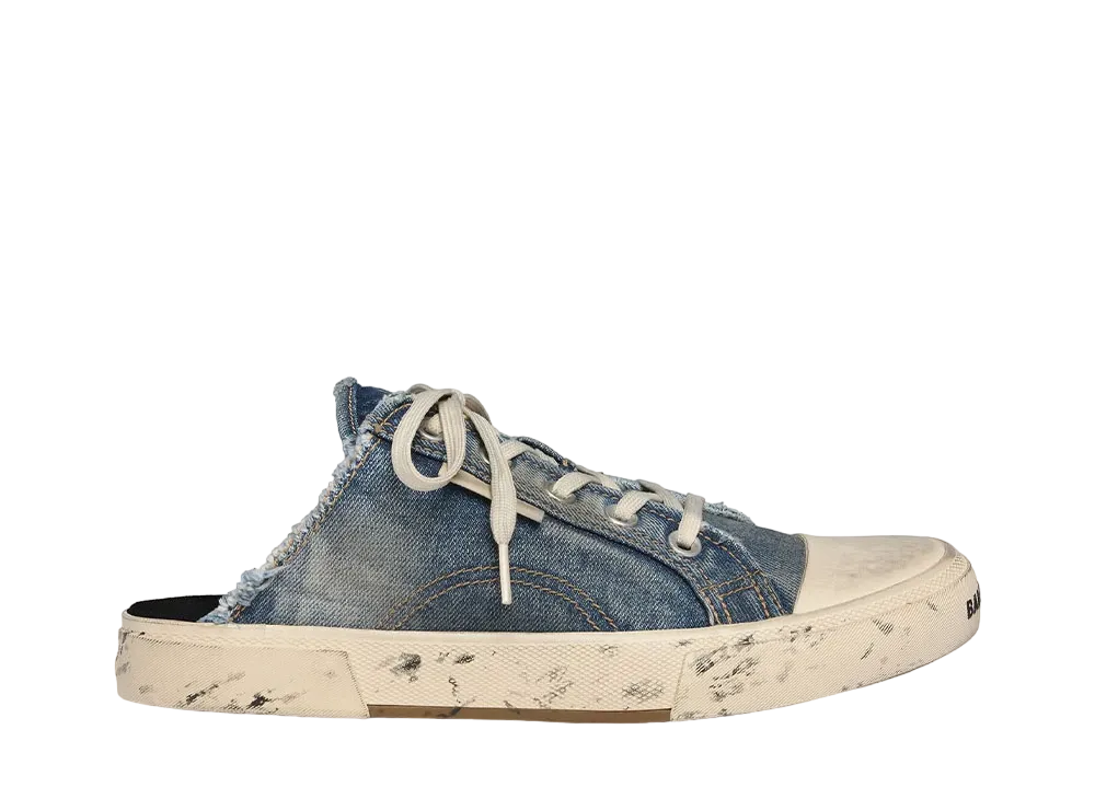 BALENCIAGA Women's Paris Mule in Destroyed Denim and Rubber "Blue"