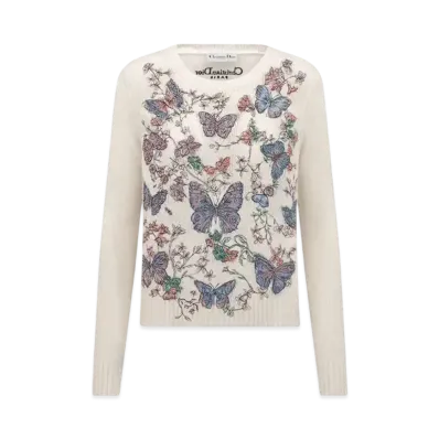 Dior Women's Embroidered Sweater Cashmere Knit with Toile de Jouy Papillon Motif "Multicolor/White"