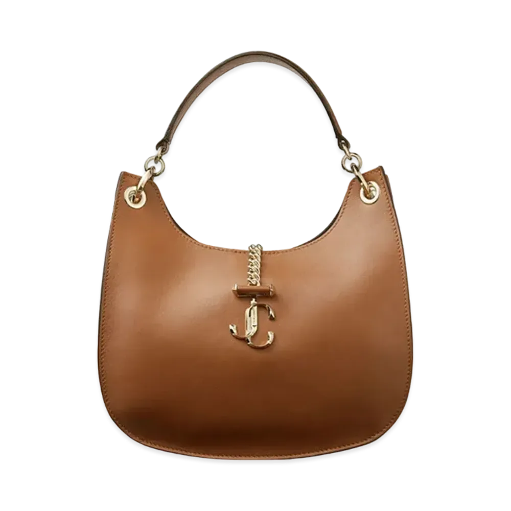 Jimmy Choo Varenne Hobo/M Calf Leather Hobo Bag With JC Logo "Light Gold/Dark Tan"