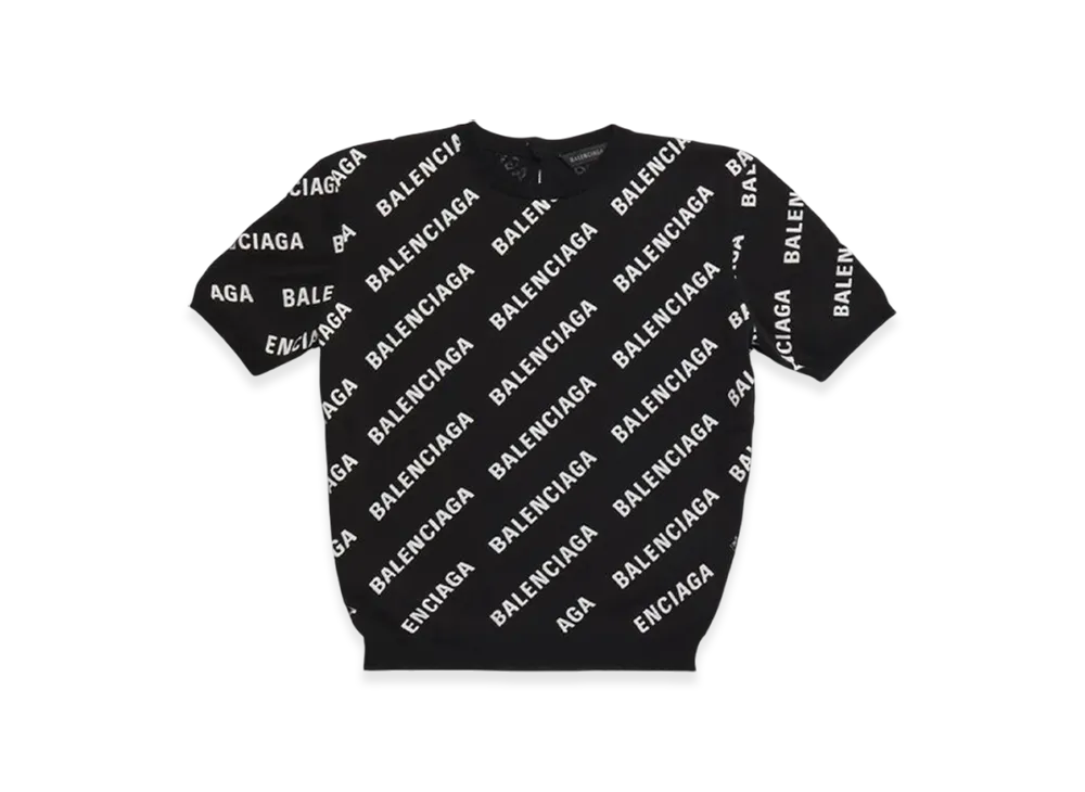 BALENCIAGA Women's Allover Logo Crop Short Sleeve Sweater "Black"