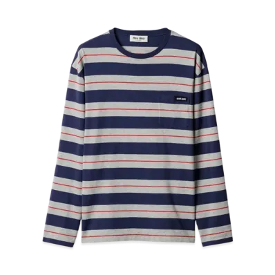 MIUMIU Women's Long-Sleeved Cotton Jersey T-Shirt "Grey/Navy"