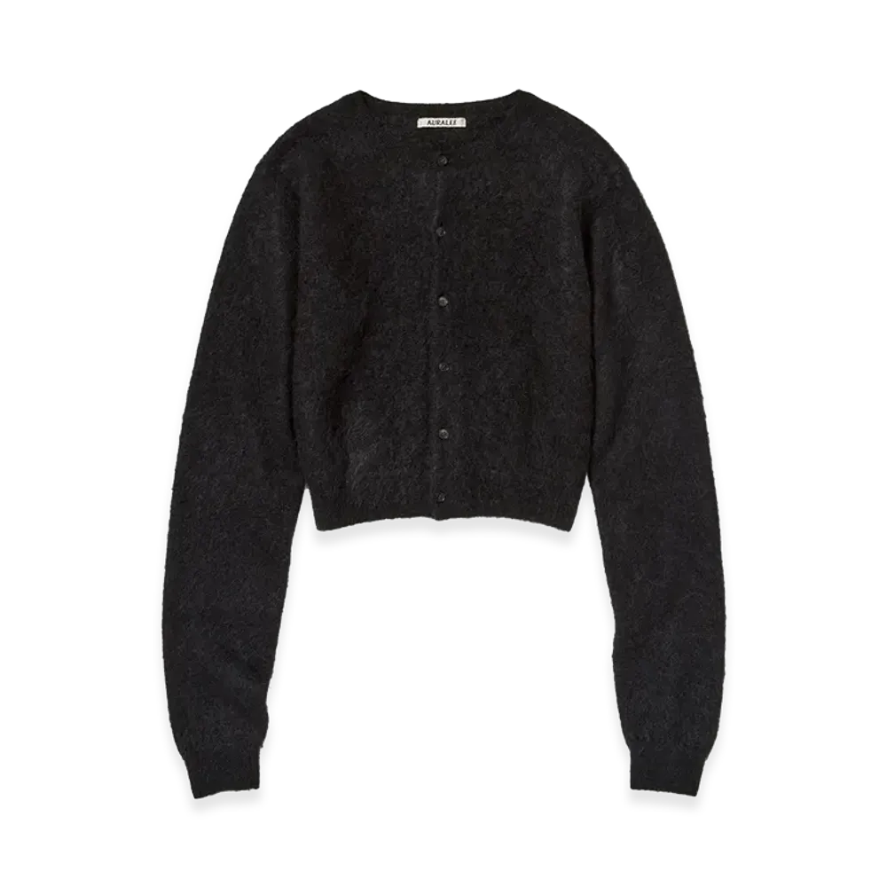 AURALEE Women's Garment-Dyed Baby Alpaca Fur Knit Crew-Neck Cardigan "Black"