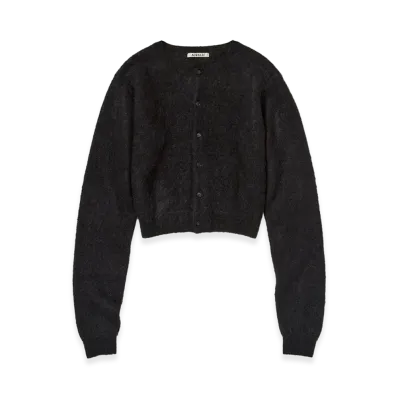 AURALEE Women's Garment-Dyed Baby Alpaca Fur Knit Crew-Neck Cardigan "Black"