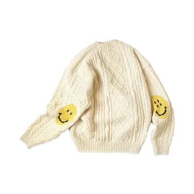 KAPITAL 5G WOOL CABLE KNITTING HAPPY PATCH CREW SWEATER "Quinity"