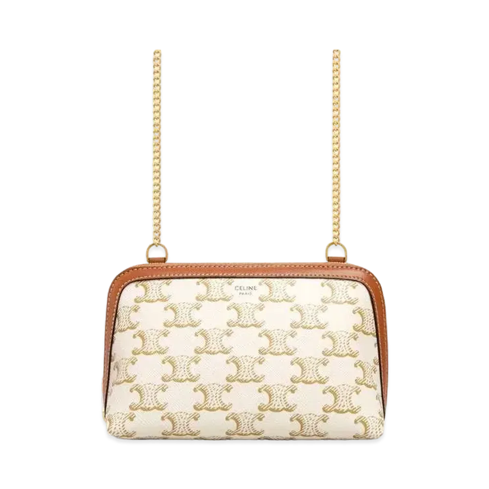 CELINE Clutch with Chain in Triomphe Canvas and Lambskin "White/Tan"