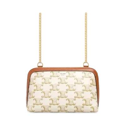 CELINE Clutch with Chain in Triomphe Canvas and Lambskin "White/Tan"