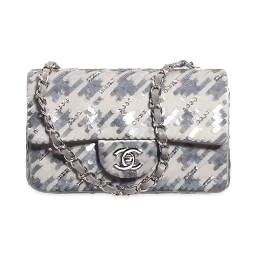 CHANEL Mini Classic Handbag Embroidered Satin, Sequins & Silver-Tone Metal "Gray/White/Gold"