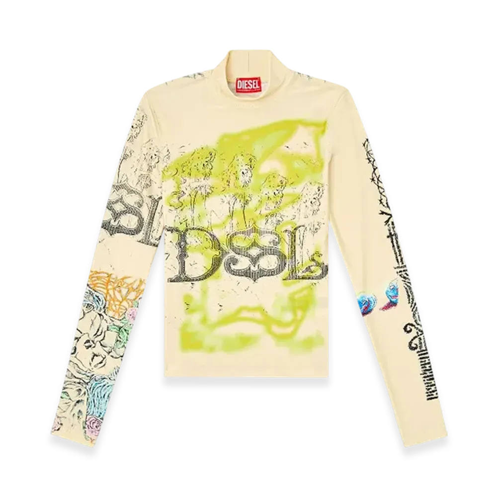 Diesel T-Imun Turtleneck Top With Tattoo Print "Beige"