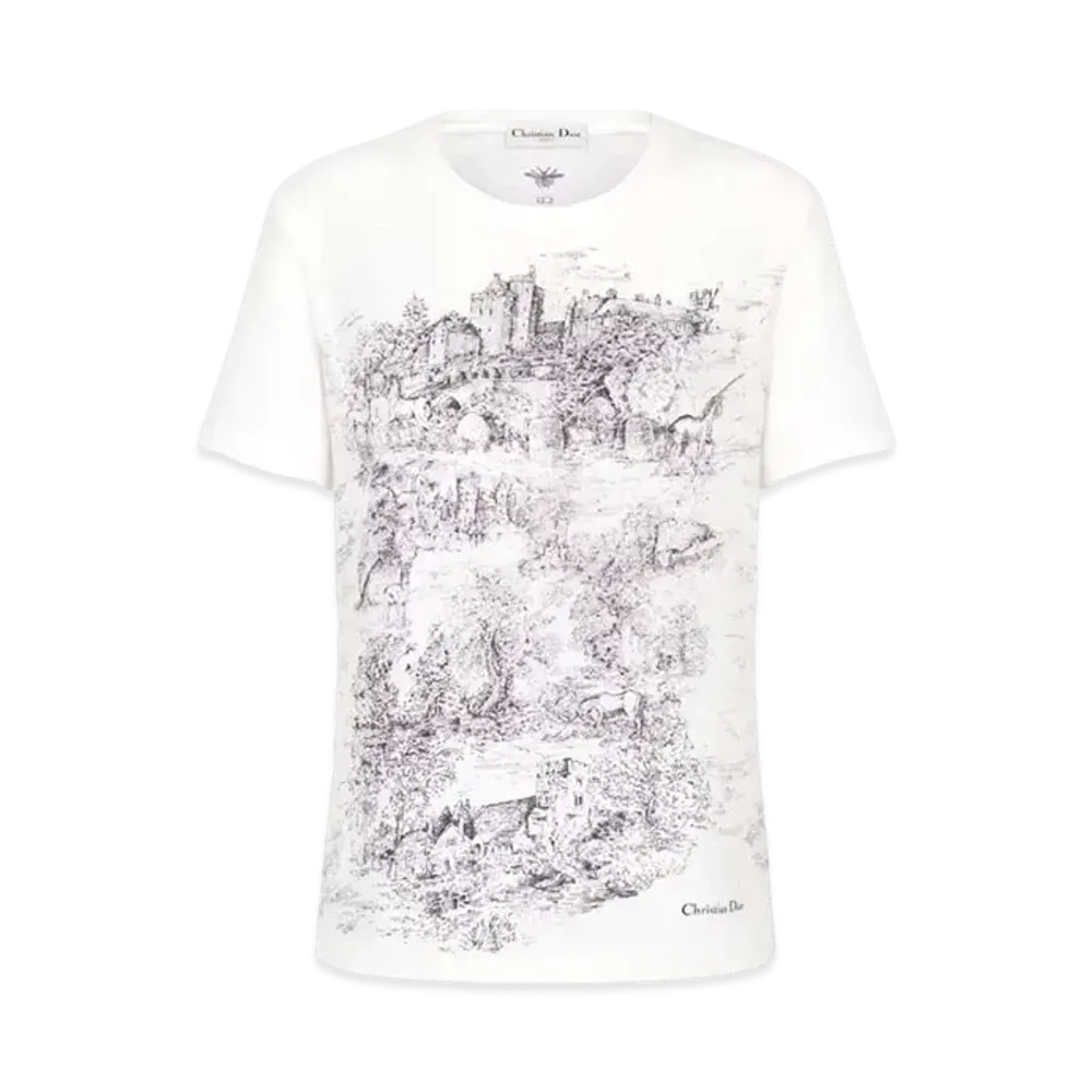 Dior T-Shirt Cotton and Linen Jersey with Toile de Jouy Scotland Motif "White/Black"