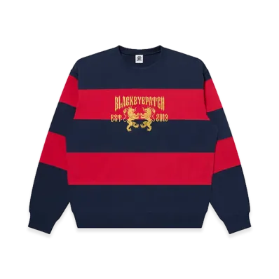 BlackEyePatch Heraldic College Striped Crew Sweat "Navy/Red"