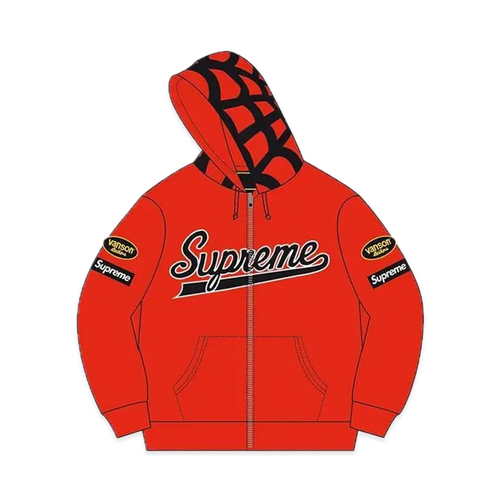 Supreme x Vanson Leathers Spider Web Zip Up Hooded Sweatshirt "Red"