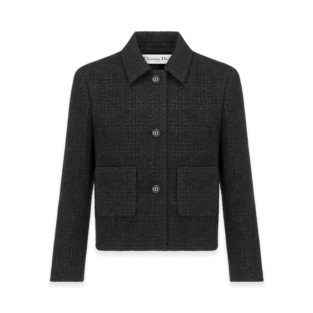Dior Women's Cropped Jacket Technical Wool Tweed Prince Of Wales Motif "Black"