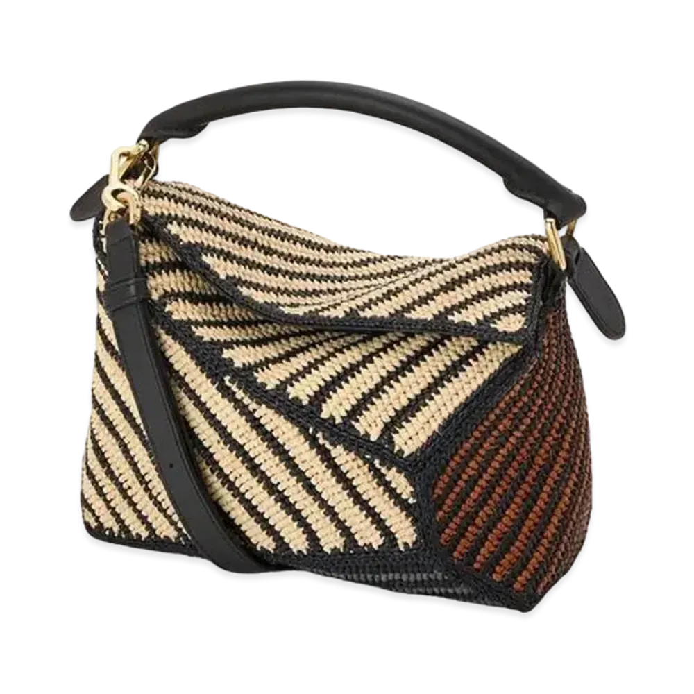 LOEWE Small Puzzle Edge Bag In Raffia and Calfskin "Natural/Honey Gold"