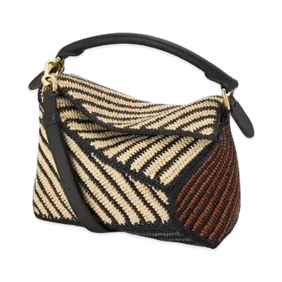 LOEWE Small Puzzle Edge Bag In Raffia and Calfskin "Natural/Honey Gold"