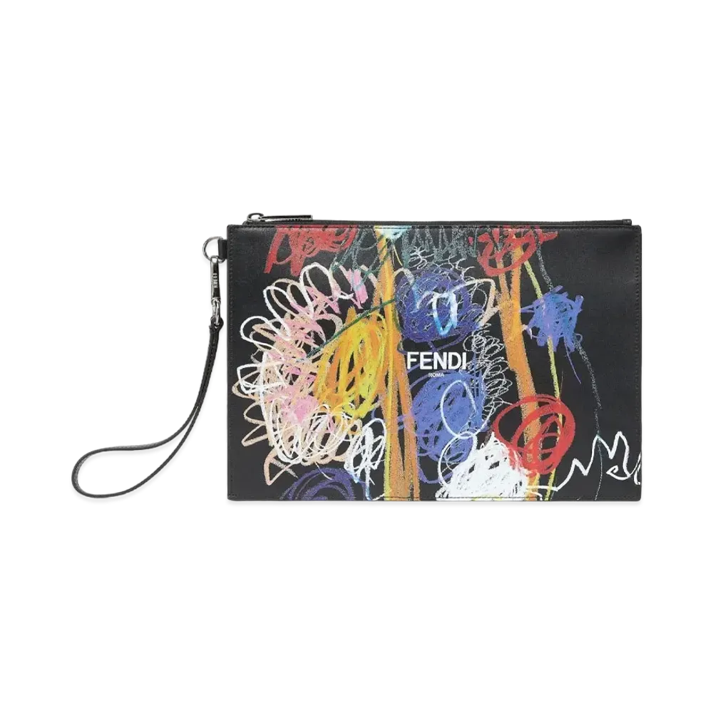 FENDI Flat Slim Clutch Leather Bag "Black"