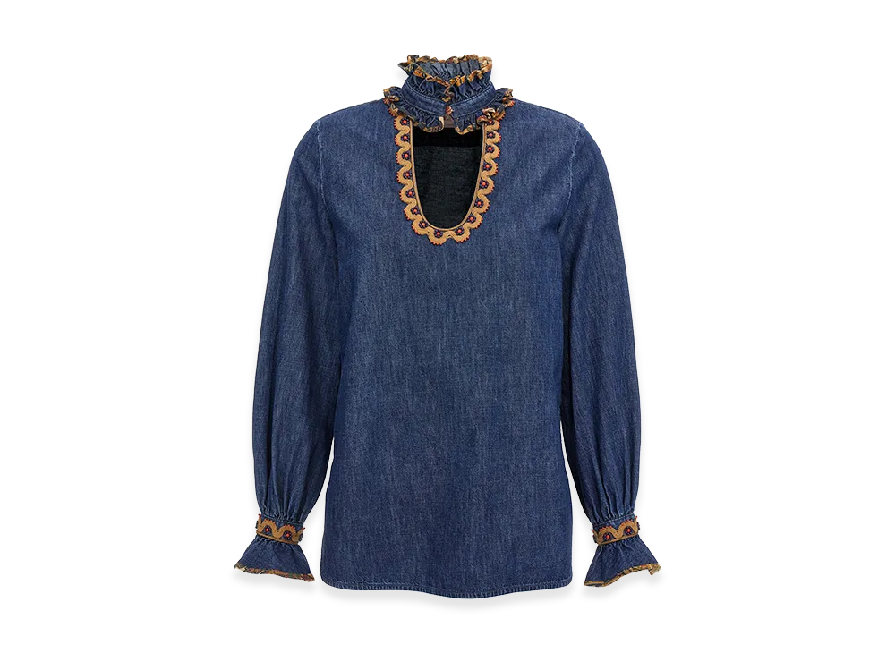 Valentino Garavani Women's Chambray Denim Embroidered Top "Blue"