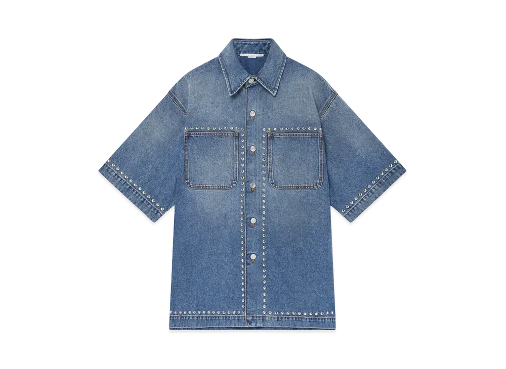 STELLA McCARTNEY Studded Short-Sleeve Denim Shirt "Classic Wash Blue Denim"