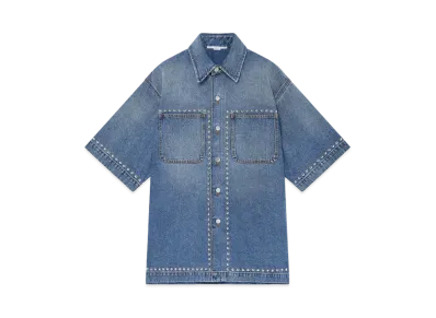 STELLA McCARTNEY Studded Short-Sleeve Denim Shirt "Classic Wash Blue Denim"