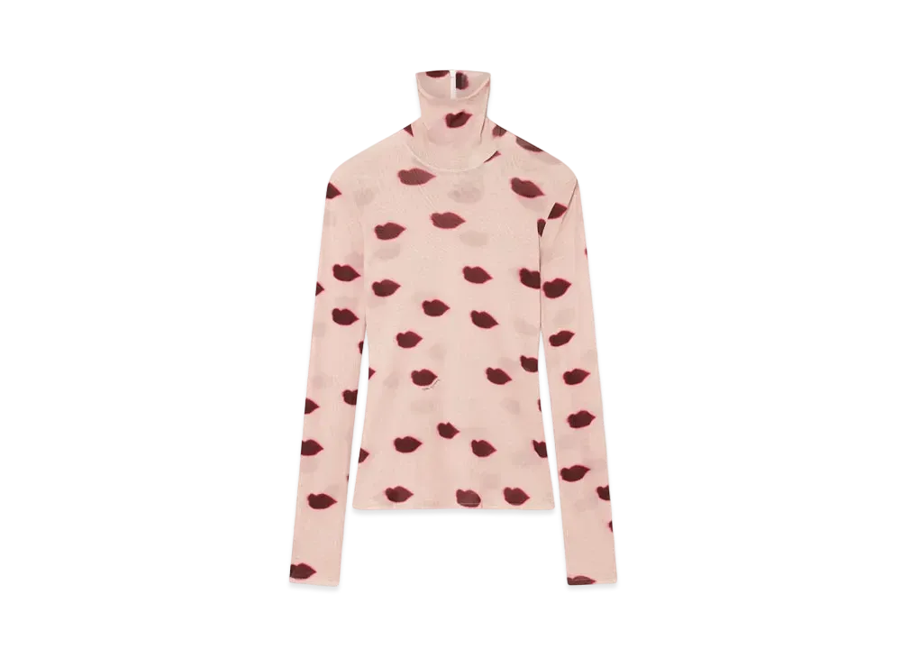 STELLA McCARTNEY Long-Sleeve Lips Print Turtleneck Top "Dusty Pink/Red"