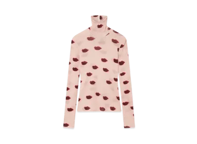 STELLA McCARTNEY Long-Sleeve Lips Print Turtleneck Top "Dusty Pink/Red"