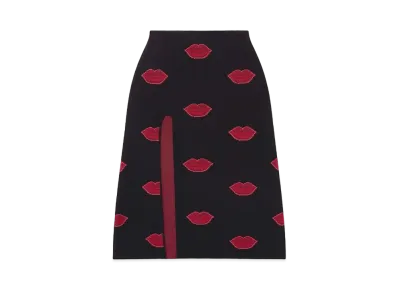 STELLA McCARTNEY Lips Graphic Knit Mid-Rise Midi Skirt "Black/Red"