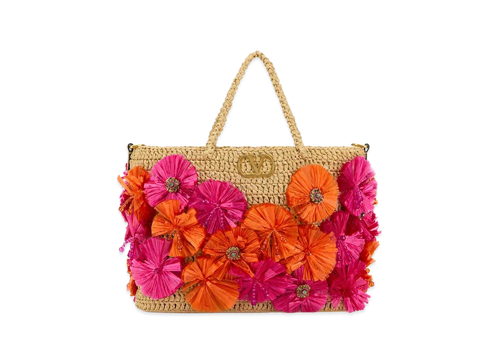 Valentino Women's Embellished Raffia Vlogo Signature Shopping Bag "Multicolor"