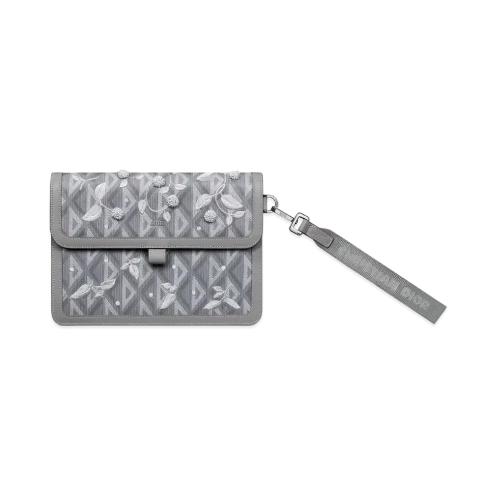 Dior Hit The Road A5 Pouch Flap CD Diamond Canvas Lily Of The Valley Embroidery "Gray"