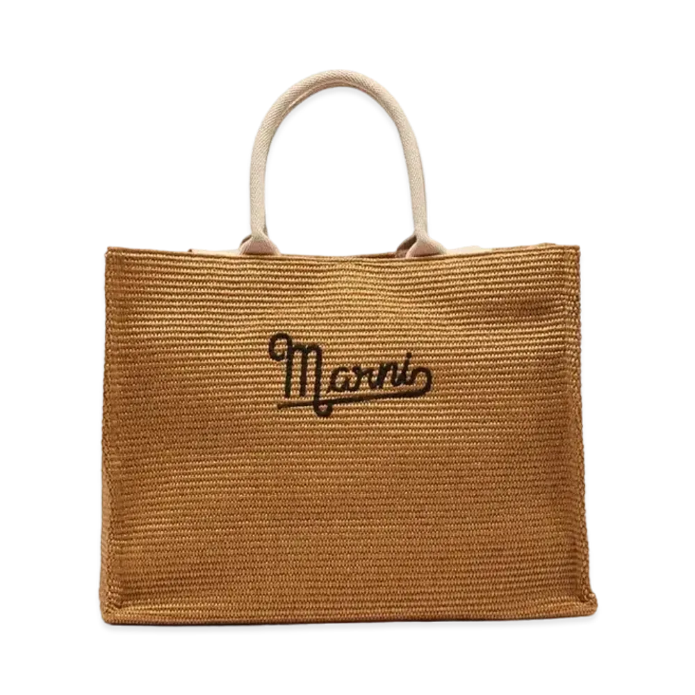 Marni Embroidered Logo Raffia Summer Shopping Bag "Low Sienna/Natural"