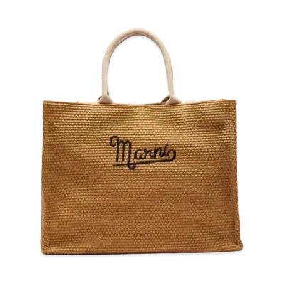 Marni Embroidered Logo Raffia Summer Shopping Bag "Low Sienna/Natural"