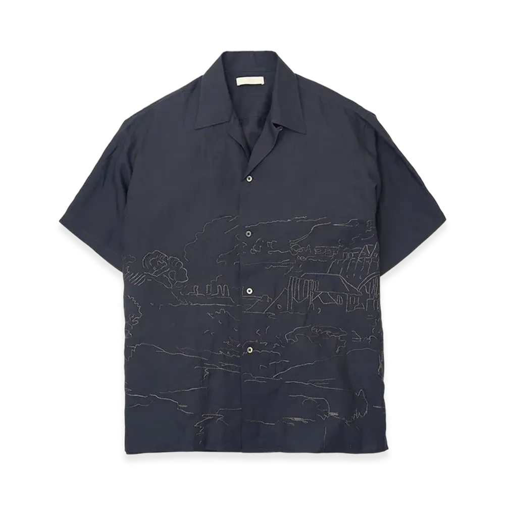 YOKE Ramie Natural Lawn Embroidery Open Collar Shirt "Navy"