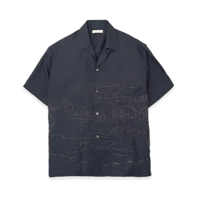 YOKE Ramie Natural Lawn Embroidery Open Collar Shirt "Navy"