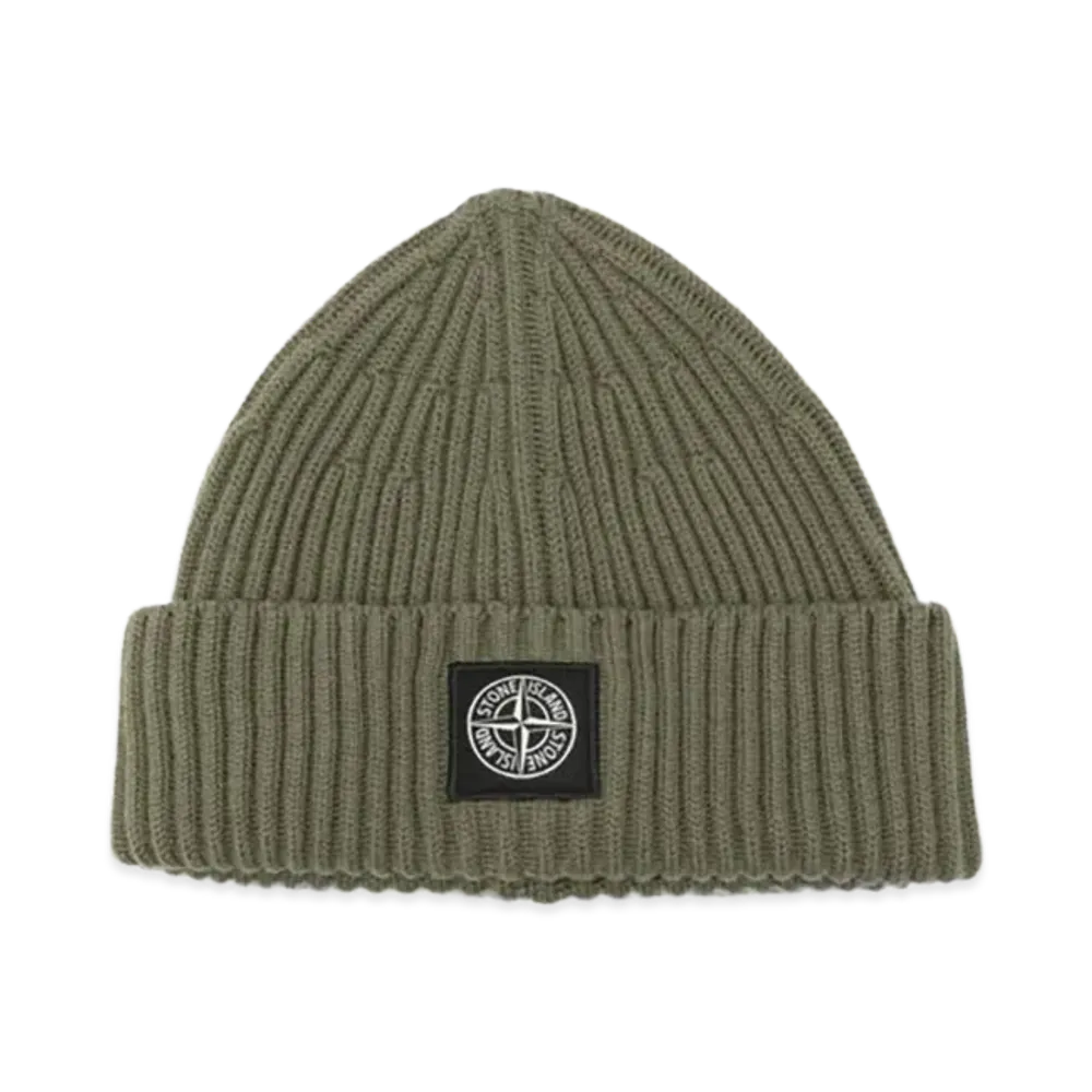 Stone Island Ribbed Wool Beanie with Compass Patch "Green"