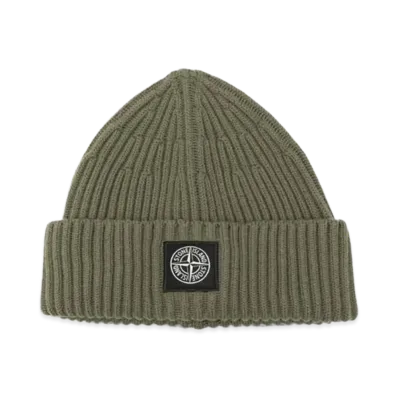Stone Island Ribbed Wool Beanie with Compass Patch "Green"