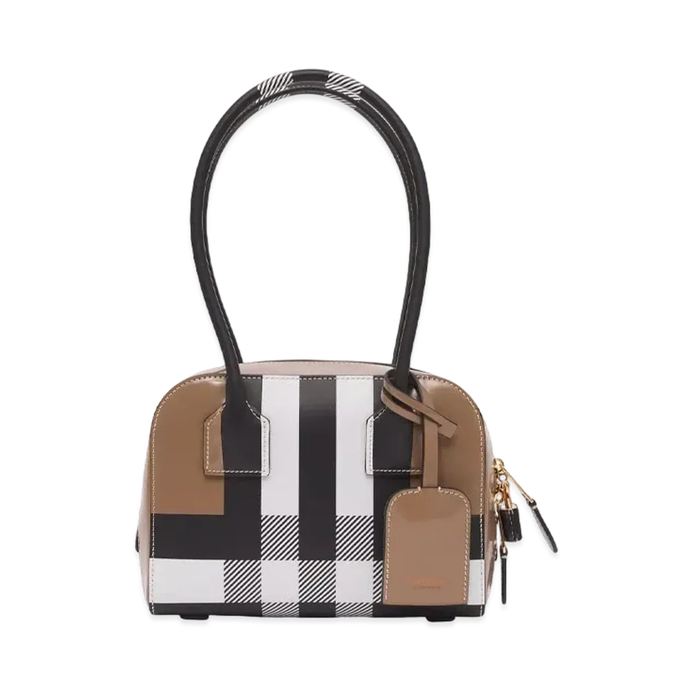 Burberry Mini Check Leather Half Cube Bag "Camel"