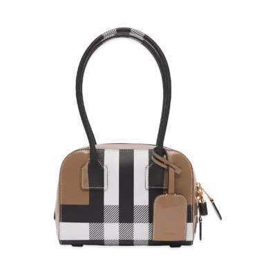 Burberry Mini Check Leather Half Cube Bag "Camel"