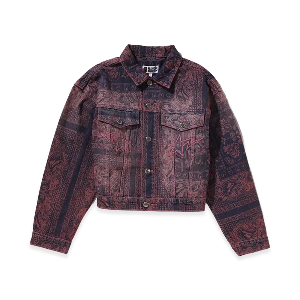 A BATHING APE Women's Paisley Pattern Denim Boxy Cropped Jacket "Pink"