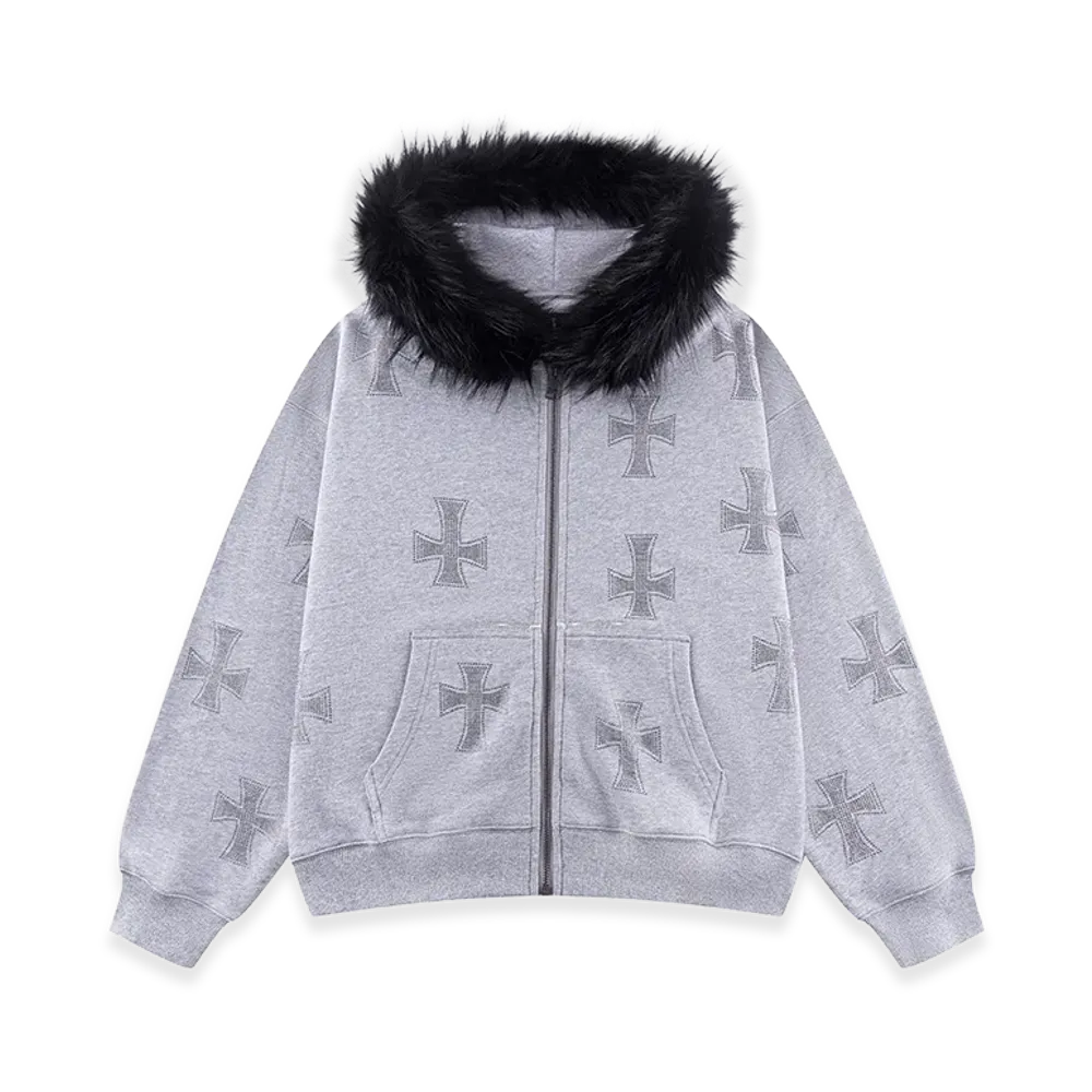 Unknown London Allover Cross Rhinestone Faux Fur Zip Hoodie "Grey/Black "