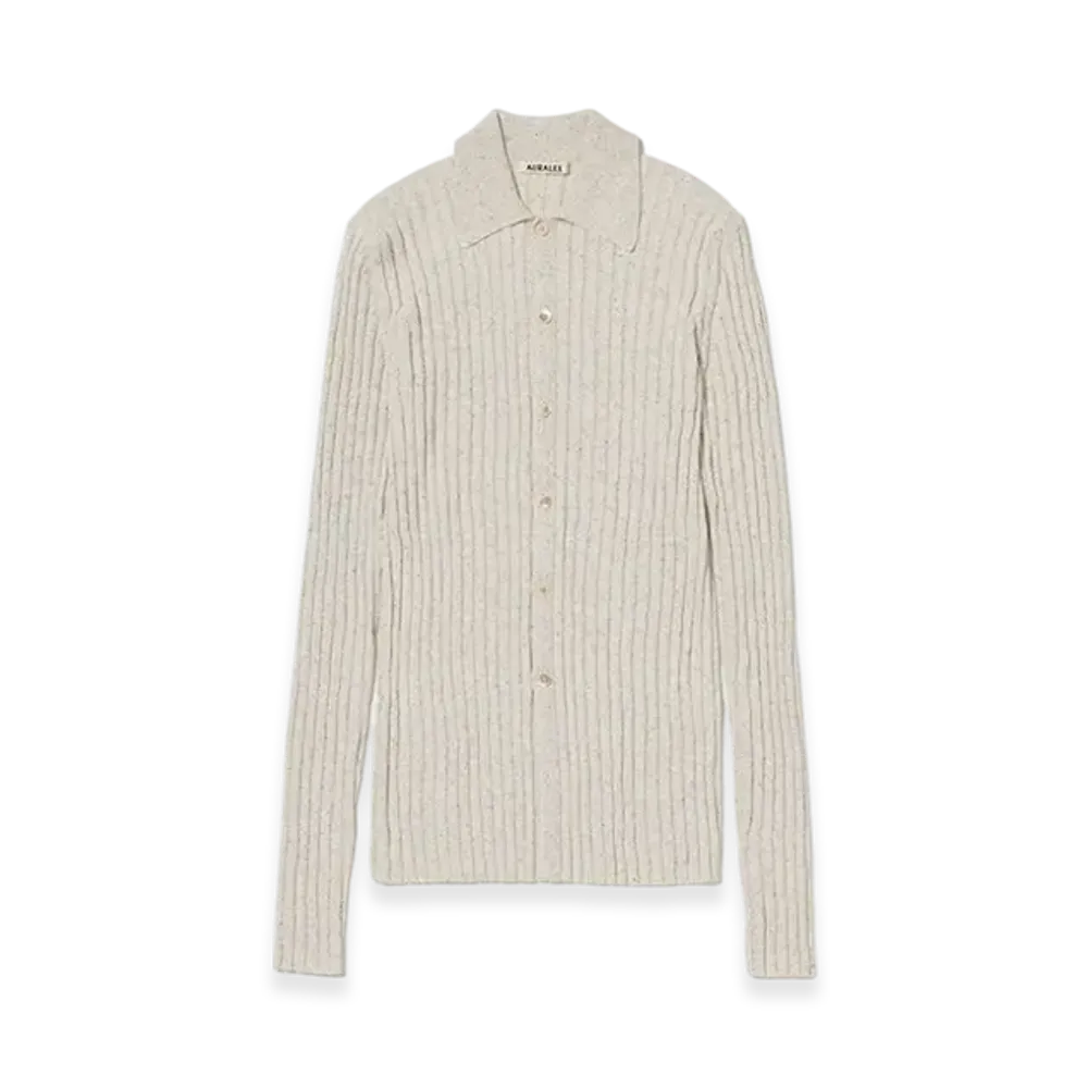 AURALEE Silk Cotton Melange Rib Knit Shirt Cardigan "Ivory Beige"