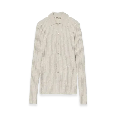 AURALEE Silk Cotton Melange Rib Knit Shirt Cardigan "Ivory Beige"