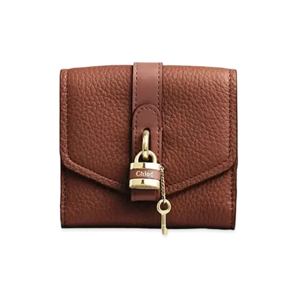 Chloe Aby Square Wallet In Grained & Shiny Calfskin "Sepia Brown"