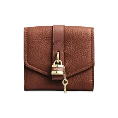 Chloe Aby Square Wallet In Grained & Shiny Calfskin "Sepia Brown"