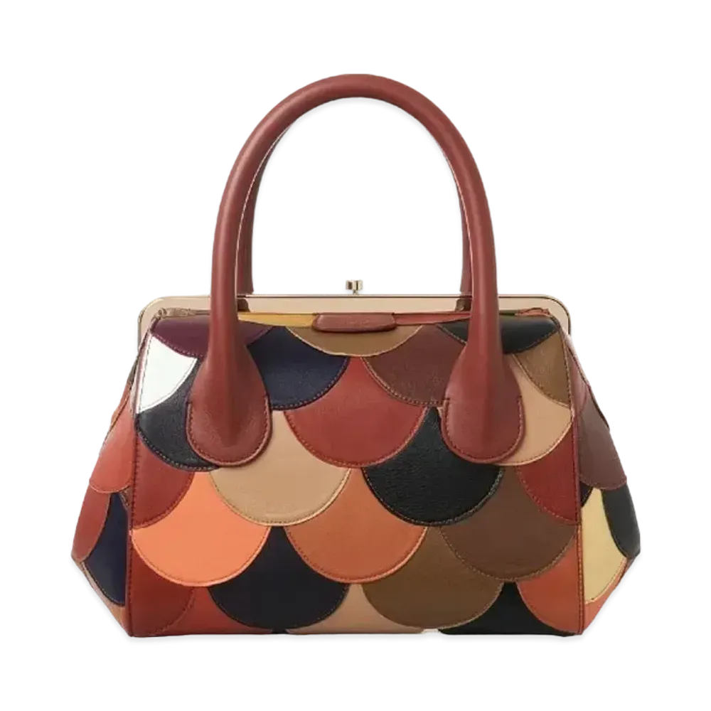 Chloe Medium Joyce Frame Handbag In Shiny Calfskin Scallop Patchwork "Brown"
