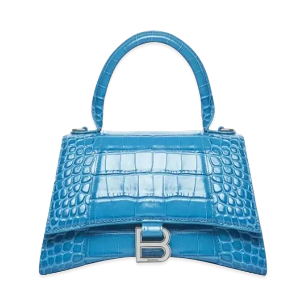 BALENCIAGA Hourglass Small Handbag Crocodile Embossed "Blue"
