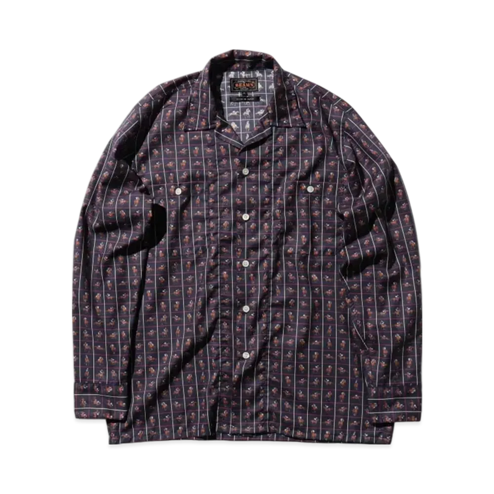 BEAMS MIL Open Collar Derby Tattersall "Navy"