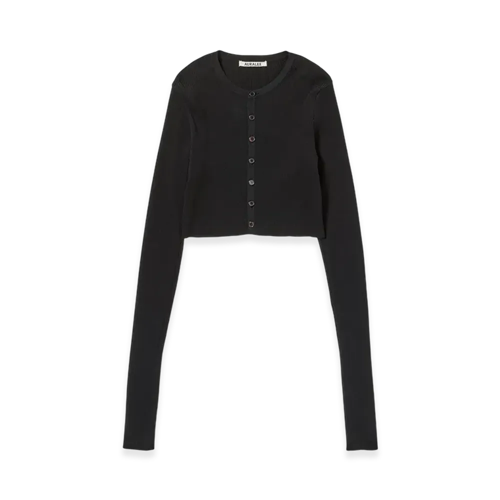 AURALEE Women's Cotton High Gauge Rib Knit Cropped Crew Neck Cardigan "Black"