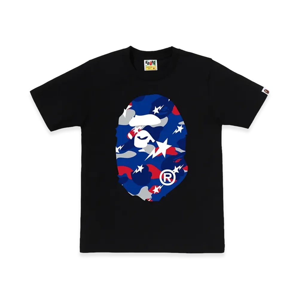 A BATHING APE Women's Sta Strike Camo Big Ape Head Tee "Black/Blue"