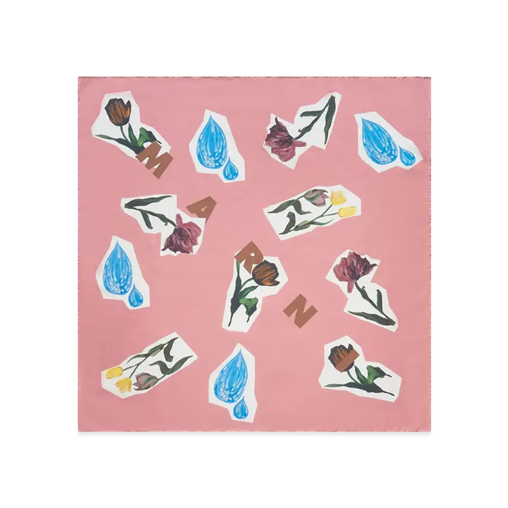MARNI x Olaolu Slawn x Soldier Boyfriend Silk Foulard with Flower Collage "Camellia/Pink"